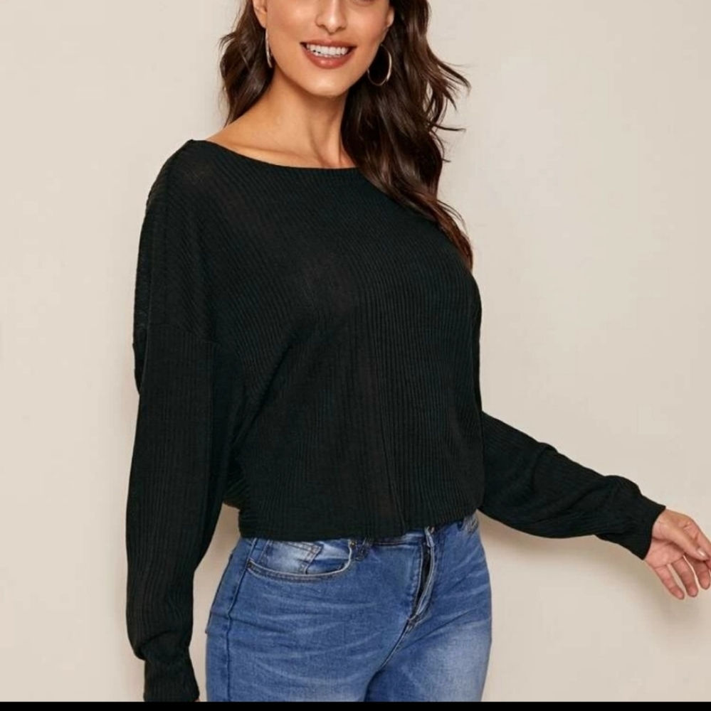 Sexy black low back sweater pearl accents - Picture 3 of 5